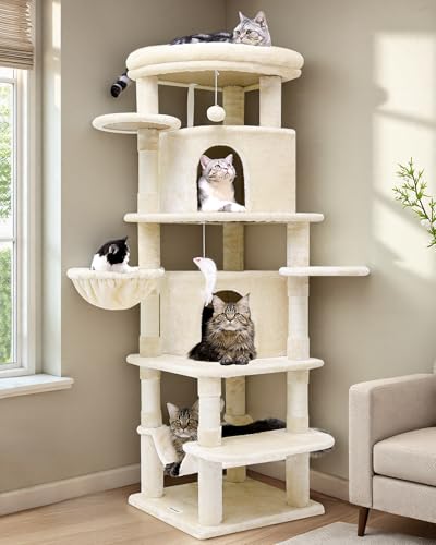 Globlazer Corner Cat Tree for Large Cats, 66inch Tall Curved Series Large Cat Tower for Multiple Indoor Cats with 6 Scratching Posts