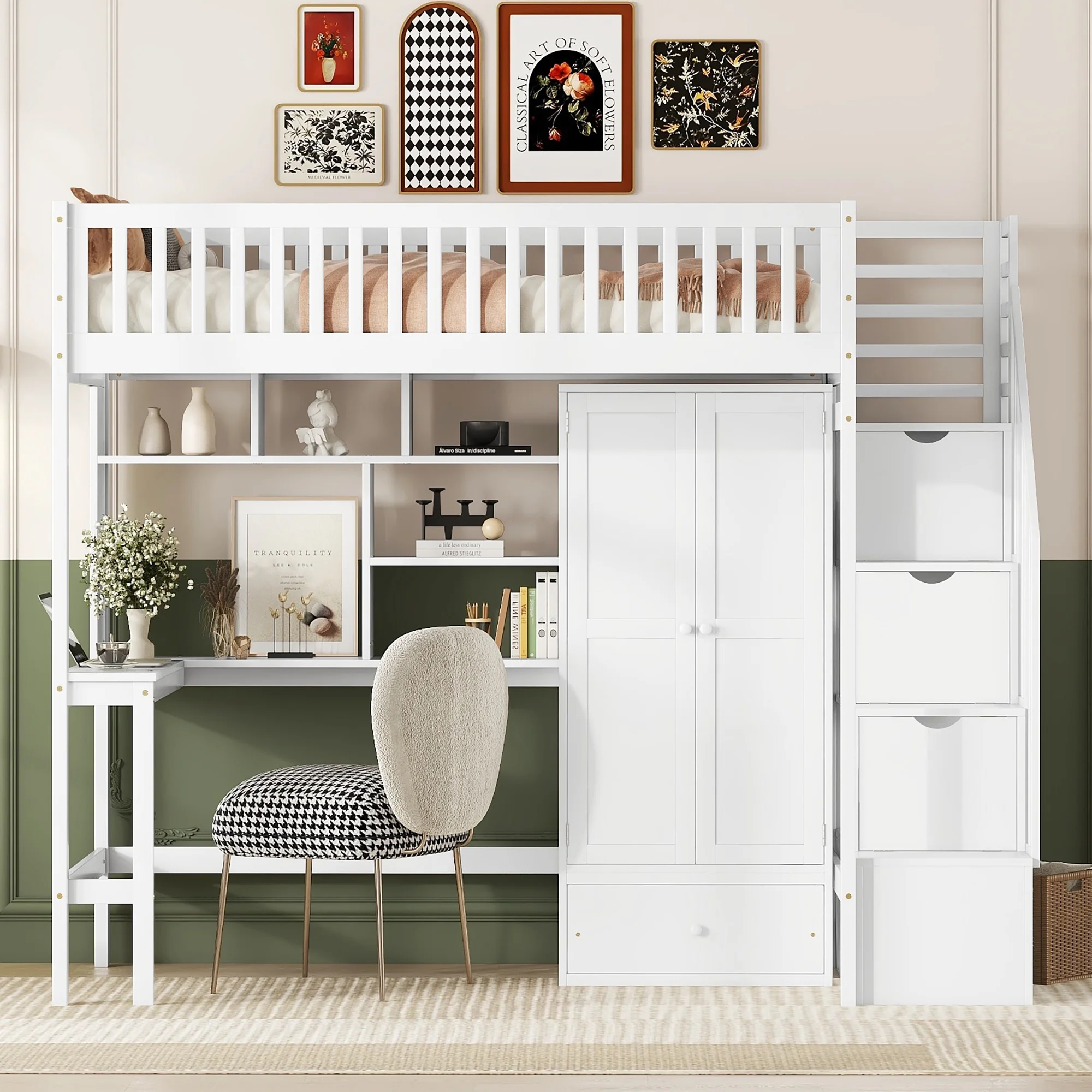Bellemave Twin Size Loft Bed with Stairs and Wardrobe, Wood Loft Beds Frame with Desk and Storage Drawers, Stairway Loft Bed for Kids