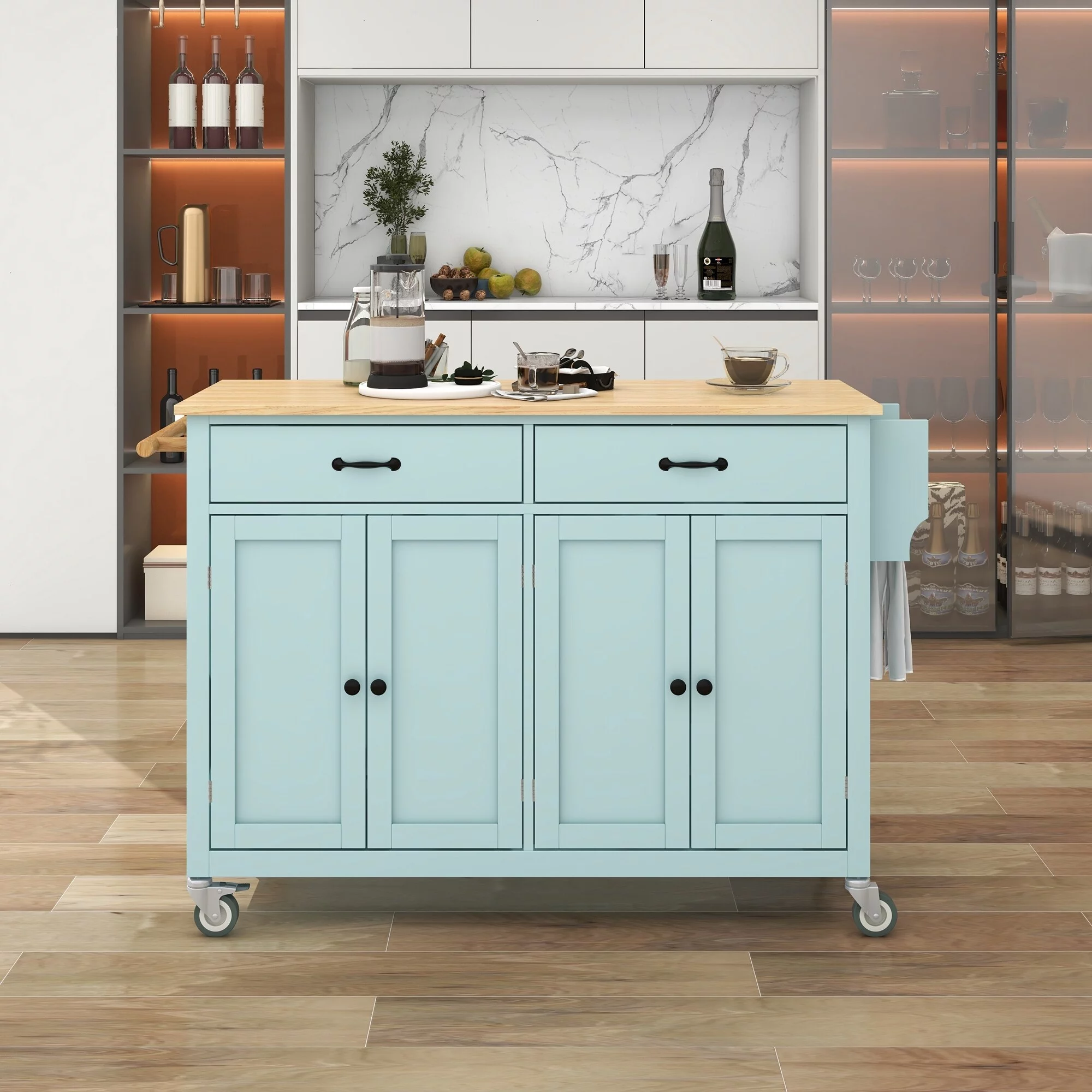ANDEONLINE IN 2-Drawer Rolling Kitchen Island Cart with Solid Wood Top & Door Cabinets Mint Green