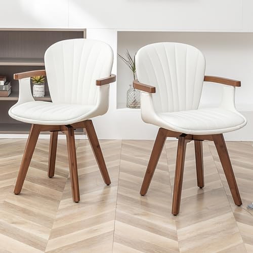 LUNLING Swivel Dining Chairs Set of 2, Mid Century Modern Gray Fabric+Faux Leather Kitchen Chairs with Arms,Bamboo Legs Side Chairs No Wheels