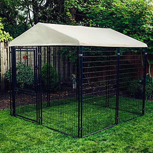 Stay Series 4 by 4 by 4.3 Feet Studio Jr. Black Powder Coat Steel Frame Outdoor Dog Kennel with Waterproof Canopy Roof and Gate Door, Khaki