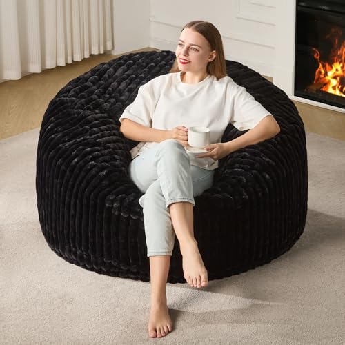 Hobestluk 5ft Bean Bag Chairs for Adults Large Beanbag Chair with Stripe Plush Cover Big Bean Bag Chair for Living Room Bedroom Dorm Office -Black