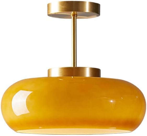 Arturesthome Ceiling Light Fixture Glass Lampshade Pendant Light with Brass Cover Amber Glass Hanging Lamp Vintage Yellow Glass Semi Flush Mount
