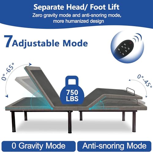Split King Adjustable Bed Frame with Mattress, 12 Inch Grey Gel Memory Foam Medium-Firm Mattress in Box