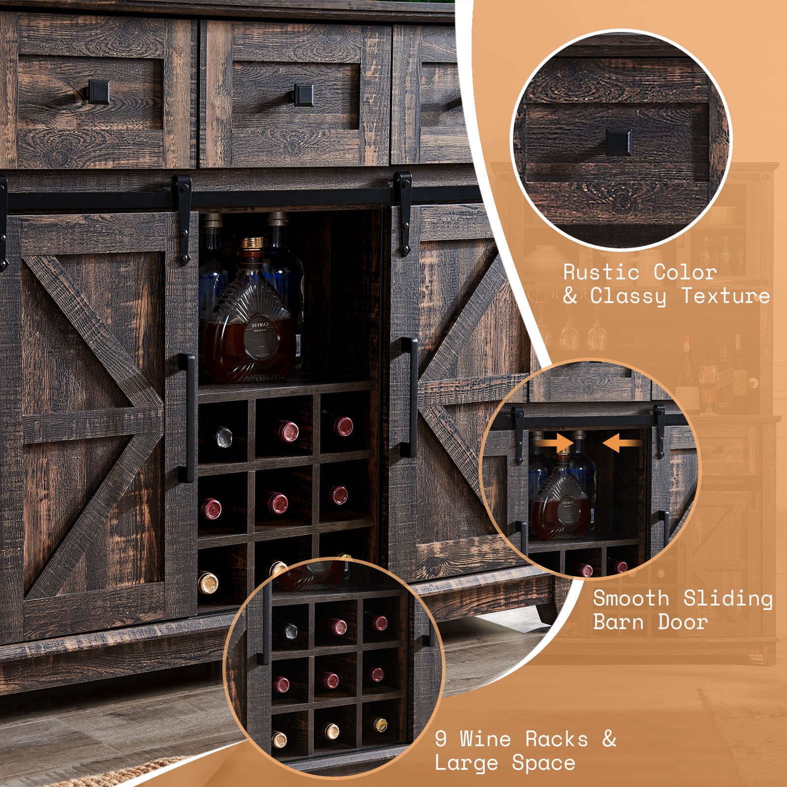 Amerlife Farmhouse Kitchen Cabinet Coffee Display Bar with LED Lights, Dark Rustic Oak