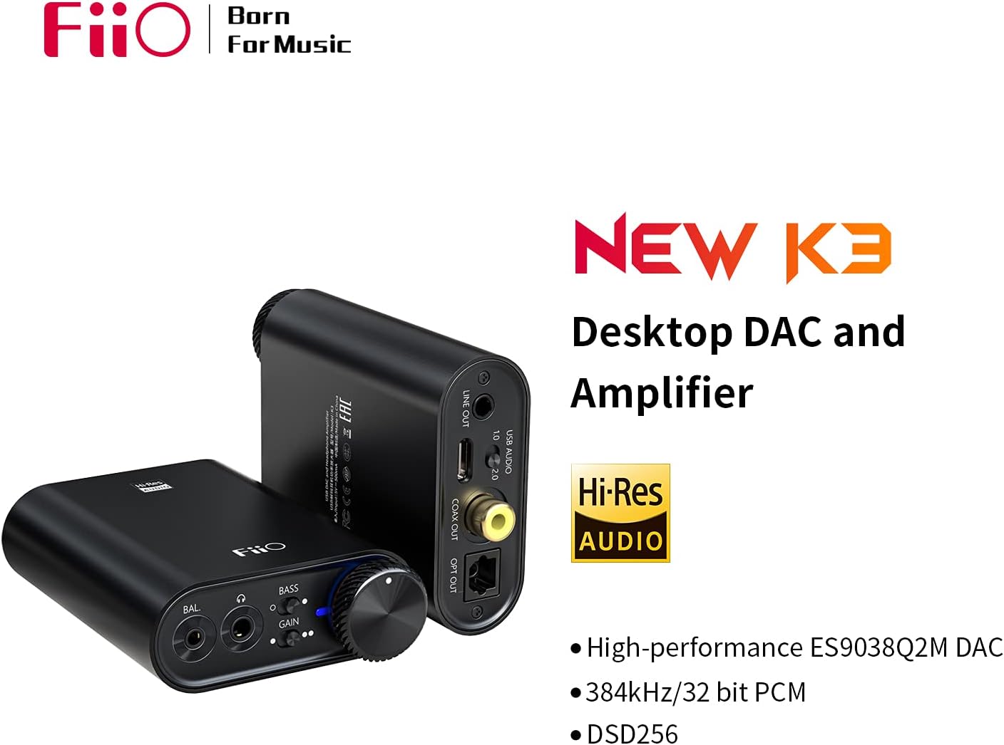 FiiO New K3 Headphone Amplifier High Resolution 384kHz/32bit PCM DSD256 USB-C DAC for Home and Computer Coaxial and Optical Digital Outs