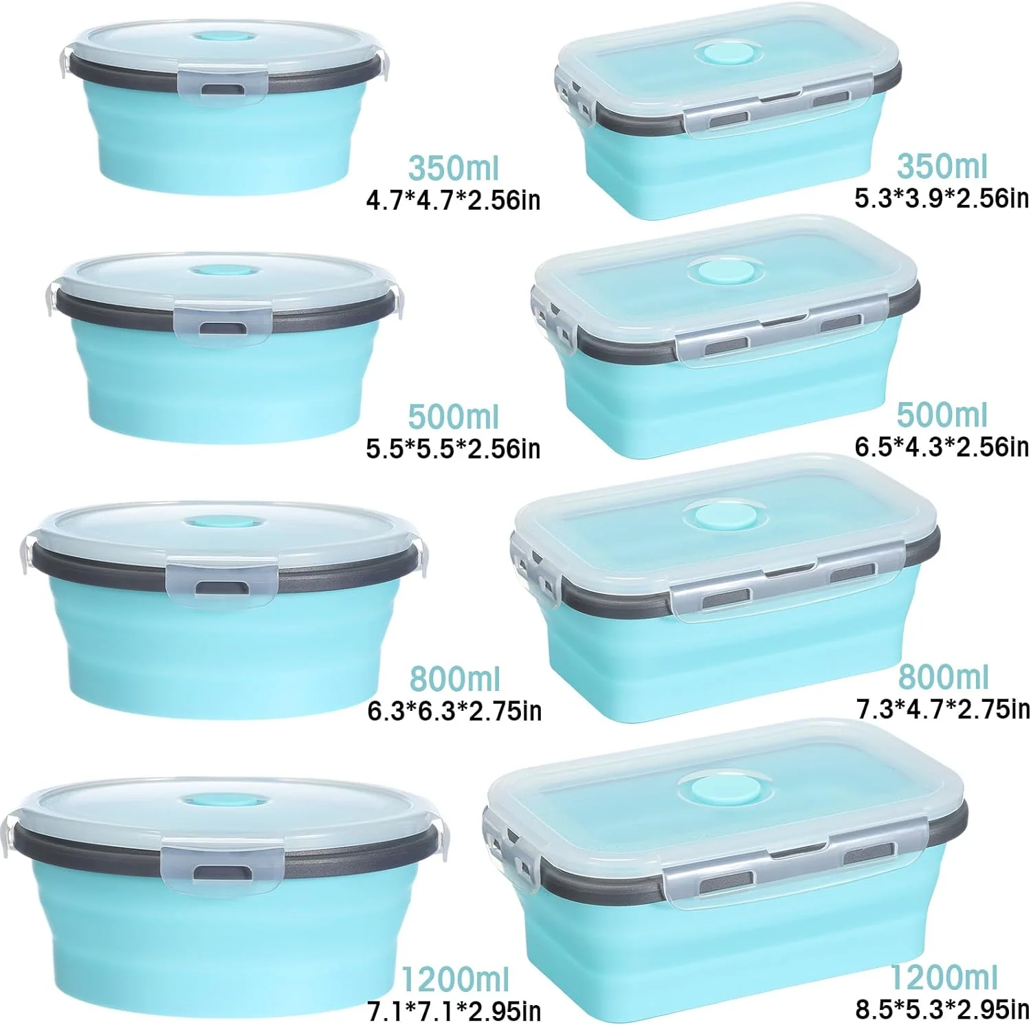 16 Pack Collapsible Food Storage Containers with Lid 8 P cs Rectangle Storage Bowl and 8 P cs Round Silicone Food Bow for Lunch Accessories Microwave