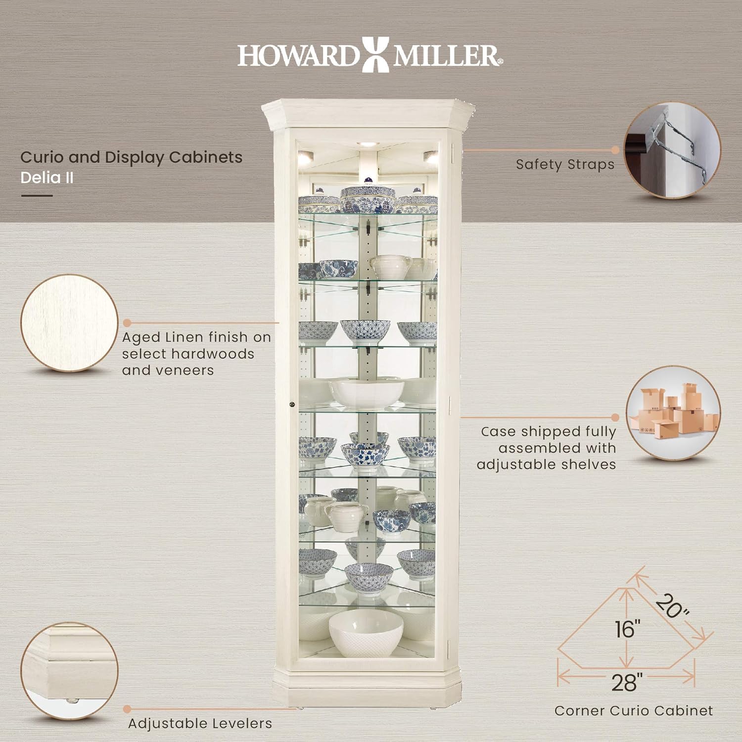 Howard Miller Marlowe IV Corner Curio Cabinet 680-665 – Aged Linen Finish Home Decor, Four Glass Shelves, Five Level Display Case
