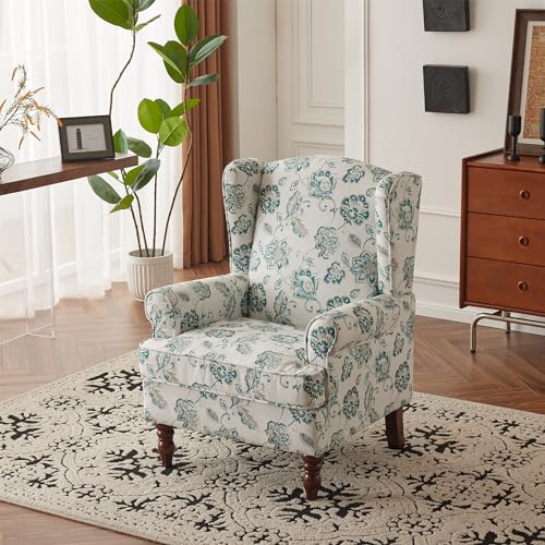 MELLCOM Floral Accent Chair, High Back Upholstered Armchair with Solid Legs, Leisure Single Sofa Chair for Living Room, Bedroom, Home Office