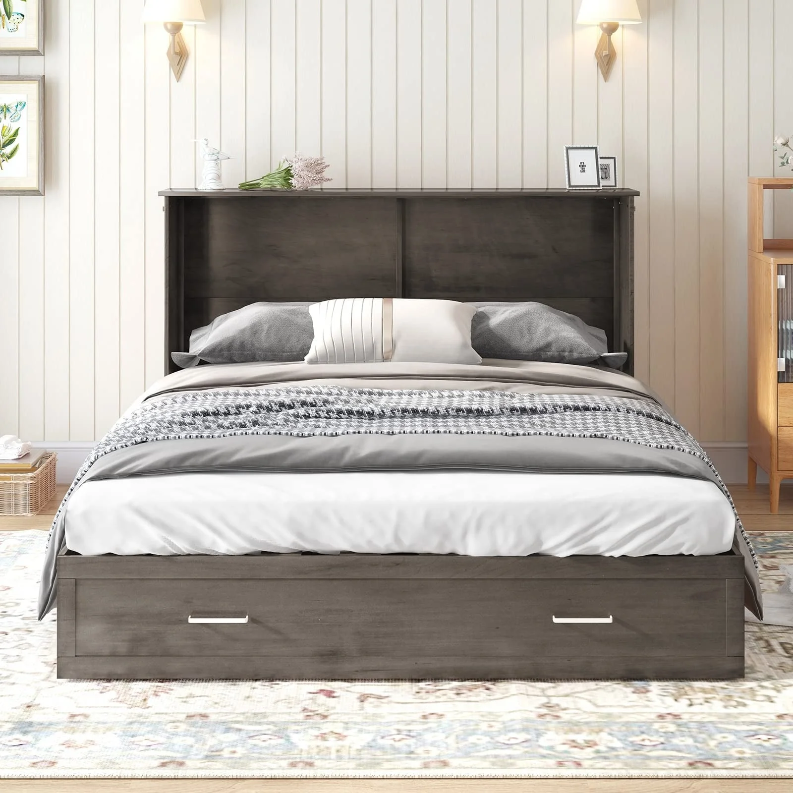 Mixoy Cabinet Murphy Bed Chest with Mattress,Charging Station,Drawers Cherry - Curated Treasures Market