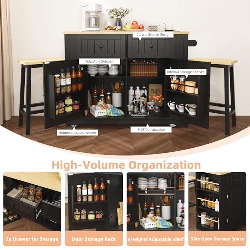 Kitchen Island with Drop Leaf & Power Outlet, Rolling Kitchen Islands Cart with 5 Open Storage Shelves & Towel Rack