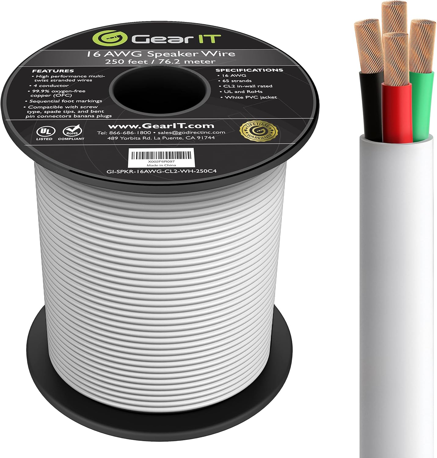 GearIT 16/4 Speaker Wire (100 Feet) 16AWG Gauge - in Wall Audio Speaker Wire Cable / CL2 Rated / 4 Conductors - OFC Oxygen-Free Copper, White 100ft