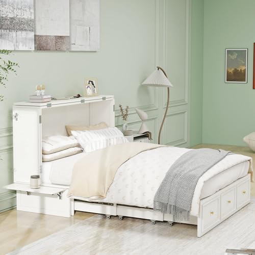 Murphy Bed Cabinet Full, Solid Wood Murphy Bed with 2 USB & 2 Charging Ports, Large Storage Drawer for Home Office or Small Space