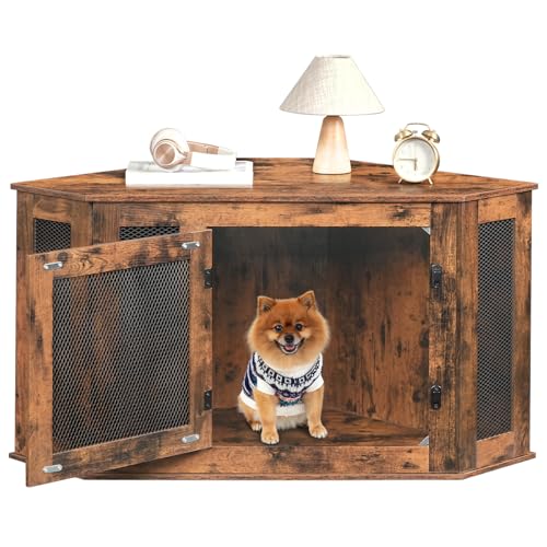Corner Dog Crate Furniture, Wooden Dog Kennel End Table, Decorative Pet Crate Indoor Use, Furniture Style Dog House for Small Medium Dog
