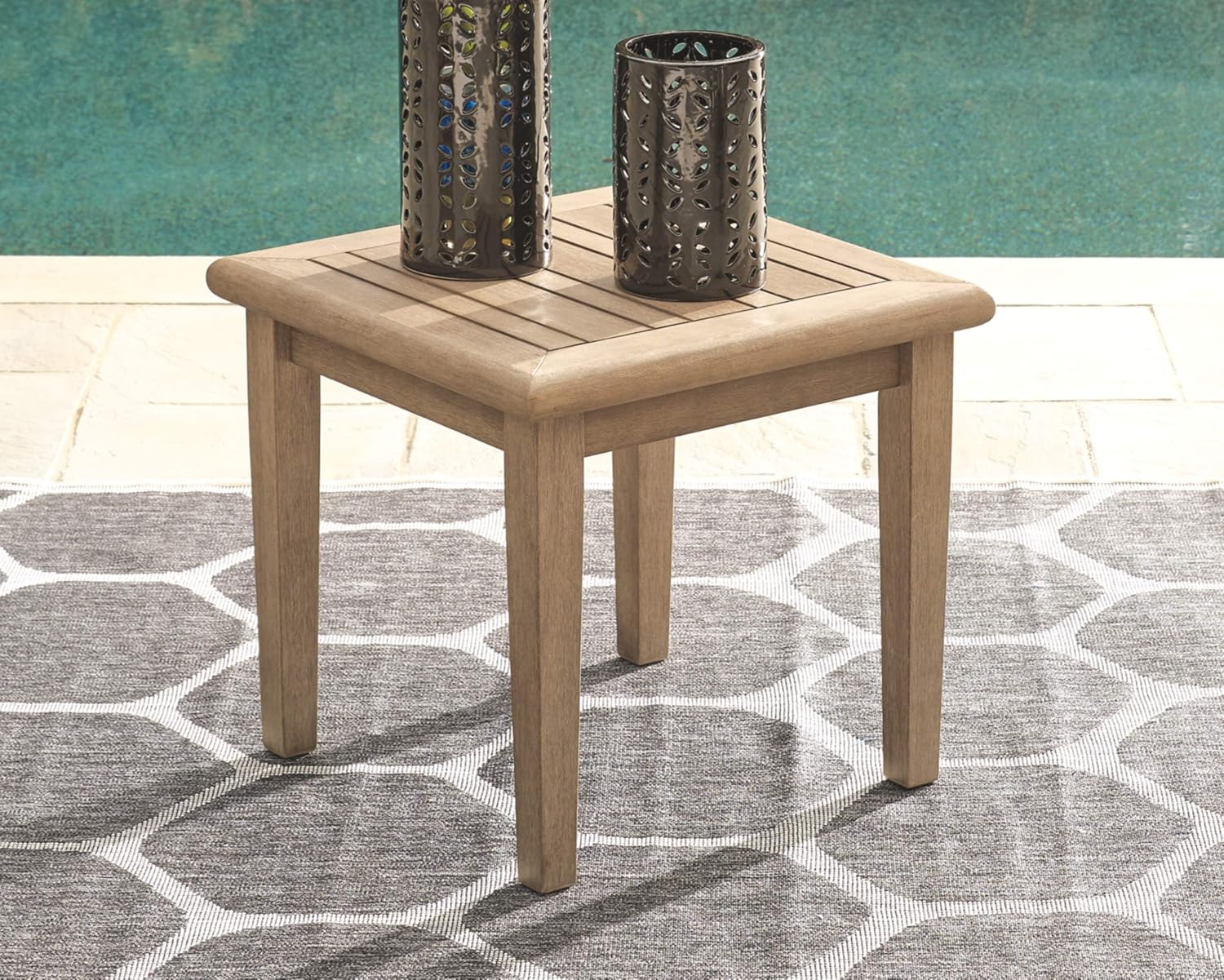 Signature Design by Ashley Gerianne Outdoor Eucalyptus Wood Square End Table, Beige