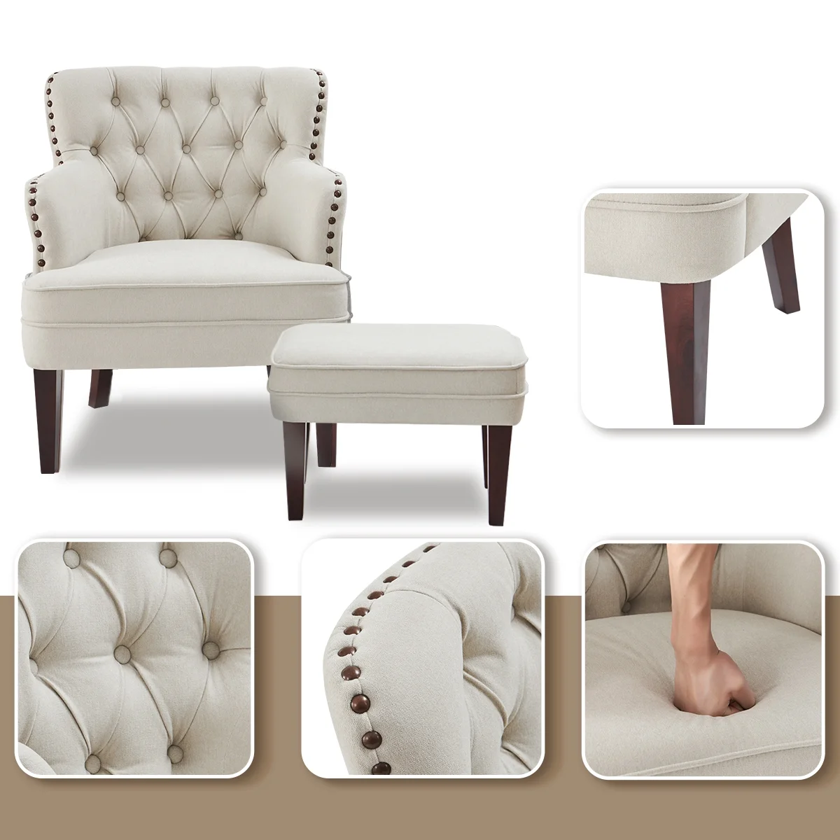 L'AGRATY Accent Chair with Ottoman, Tufted Armchair and Ottoman for Bedroom Living Room, Beige