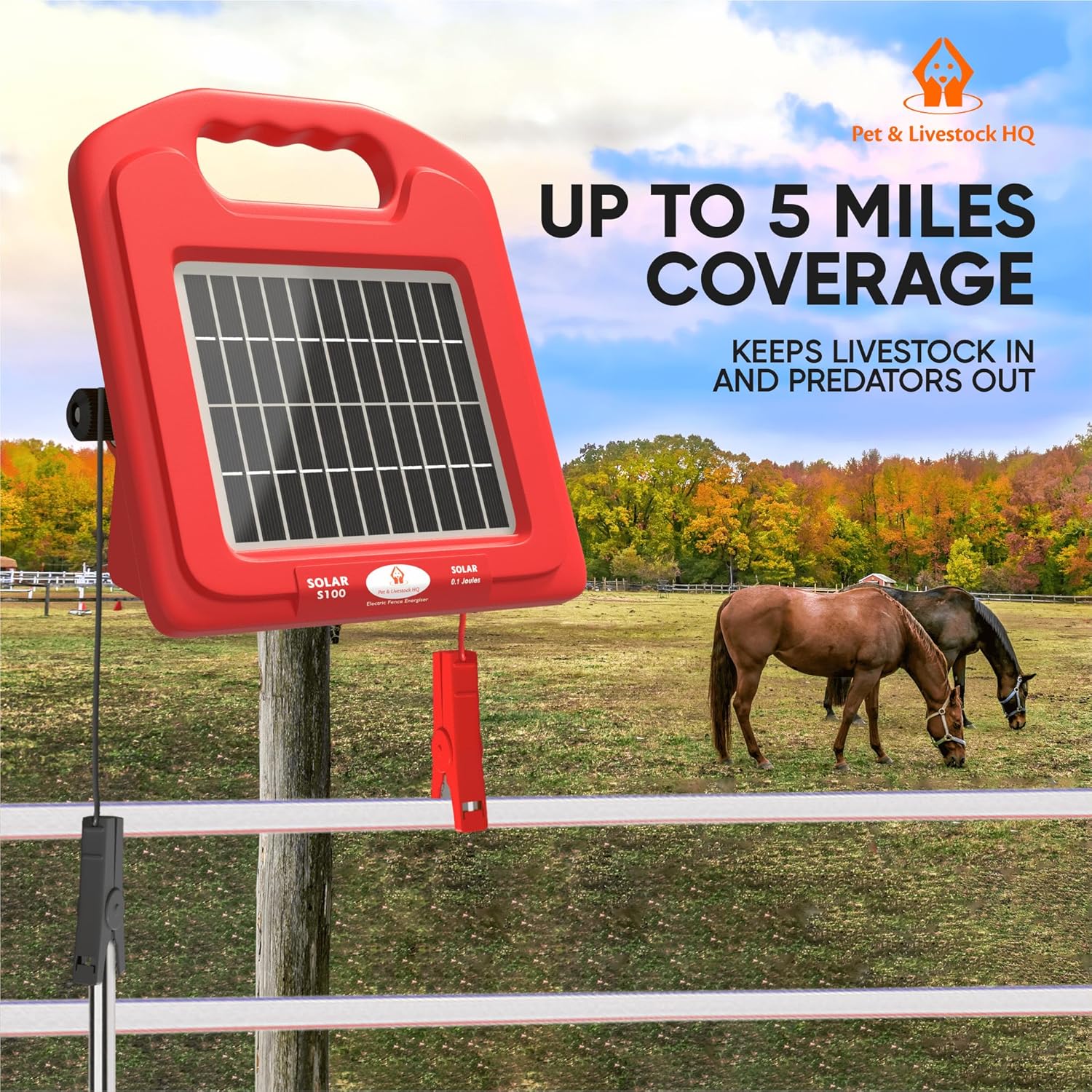 Solar Electric Fence Charger 5 Mile - Solar Powered Energizer for Livestock - Low Impedance Solar Fencer Battery Powered