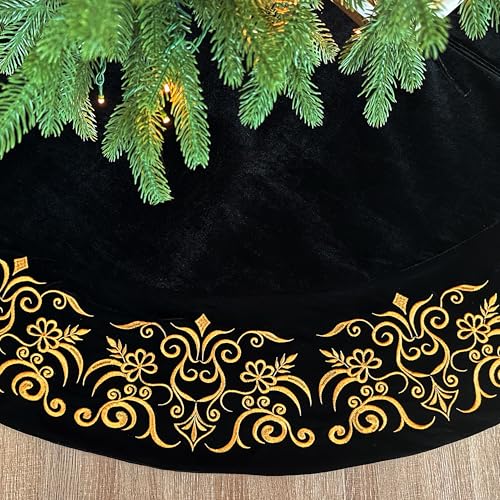 72-Inch Victorian Velvet Christmas Tree Skirt with Gold Damask Embroidery and Plush Lace Ties, Burgundy