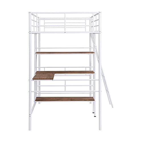Harper & Bright Designs Full Loft Bed with Desk, Metal Loft Beds with Storage Shelves, Desk, and Wardrobe, Heavy-Duty Loft Bed Frame for Kids, Teens