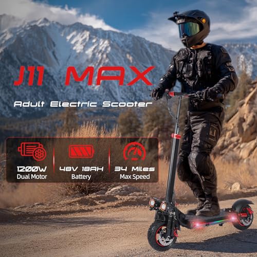 Electric Scooter for Adults - 37 Mile Range, 34MPH Top Speed, 1200W Motor,11" Off-Road Tires, 48V18AH, Foldable E-Scooter with Seat & LED Lights