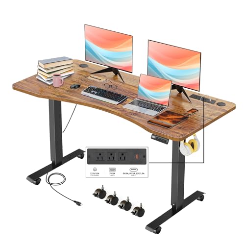 Electric Standing Adjustable Height Desk 55'' x 24''Sit Stand Desk with Charging Station, 2 USB Ports, 3 Power Outlets, 4 Caster