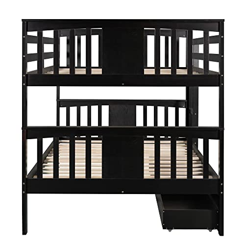 SOFTSEA Twin Over Full Bunk Bed with Slide, Solid Wood Bunk Beds with Stairs for Kids