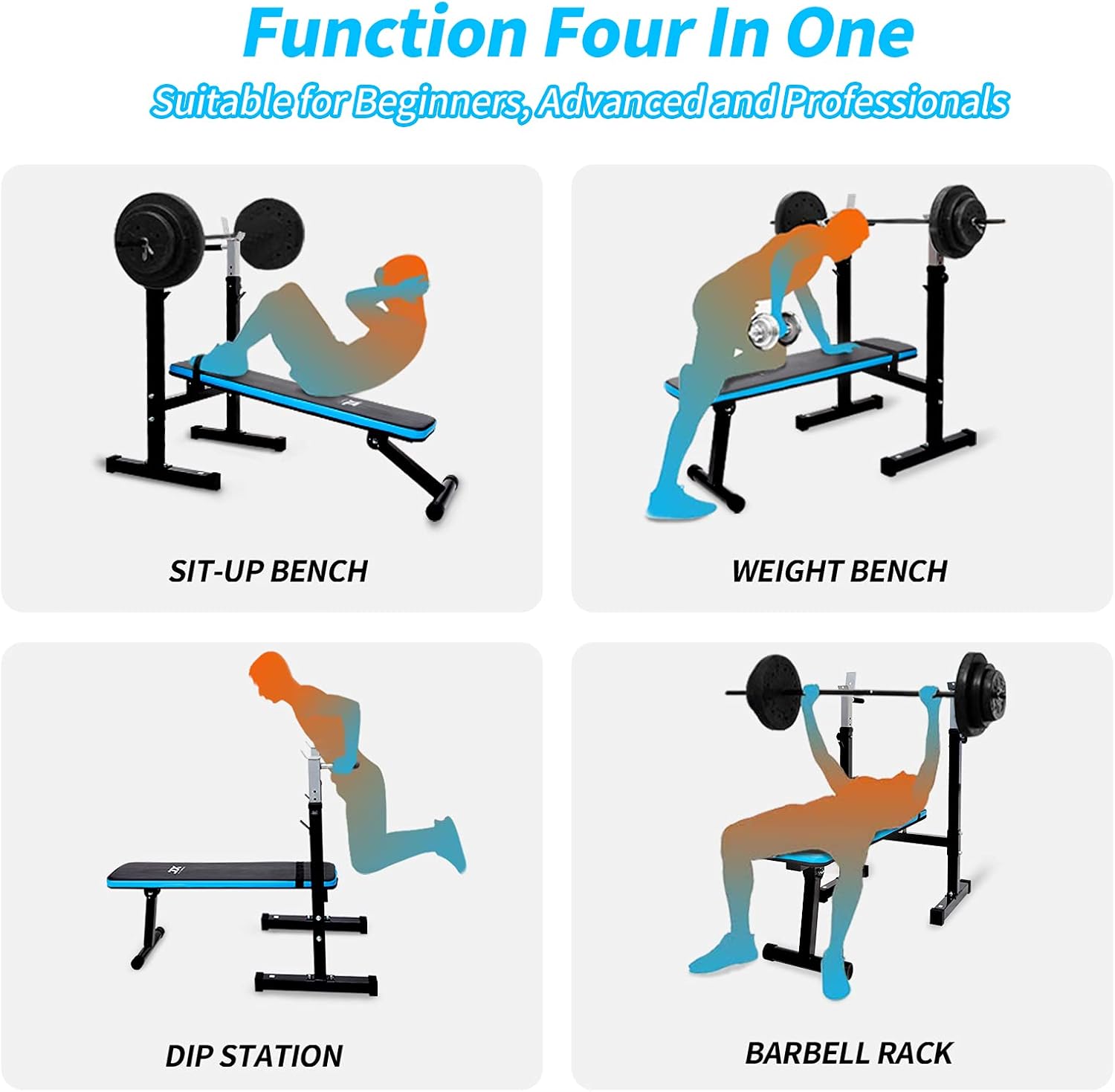 JX FITNESS Adjustable Weight Bench with Barbell Rack Folding, Weight Lifting Bench with Dip Station for Home Gym