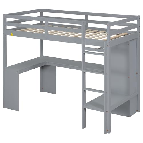 SOFTSEA Full Size Loft Bed with Desk & Wardrobe, Wood Loft Bunk Bed with Storage Shelves and Cabinets
