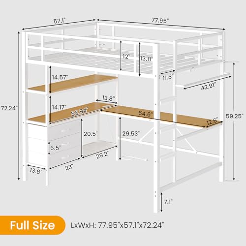 DICTAC Loft Bed Full Size with L-Shaped Desk and Charging Station Full Metal Bed Frame with LED Lights,Open Shelves and 3 Fabric Storage Drawers