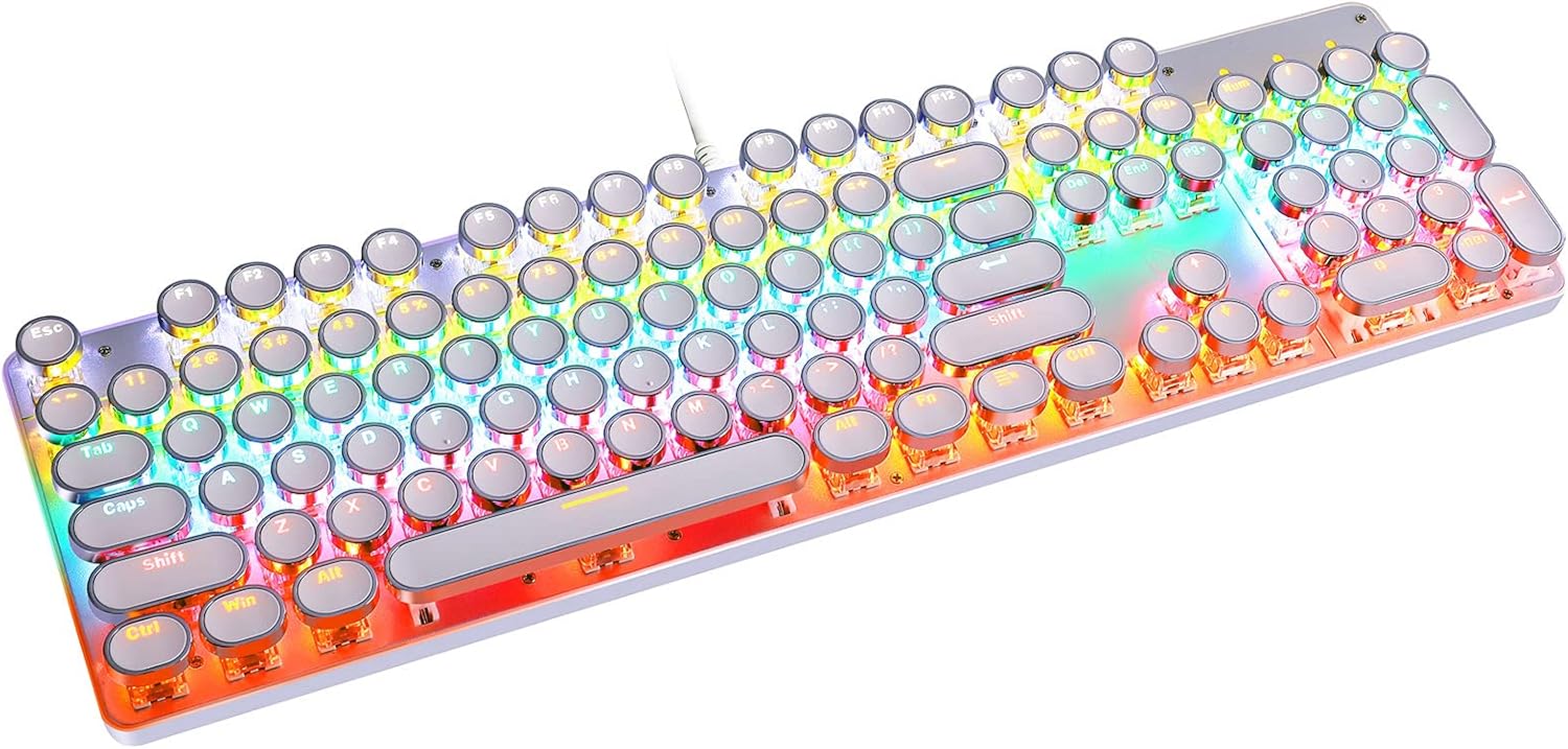 YSCP Typewriter Style Mechanical Gaming Keyboard, RGB LED Backlit Wired Keyboard with Blue Switch Retro Steampunk Round Keycap (104 Keys