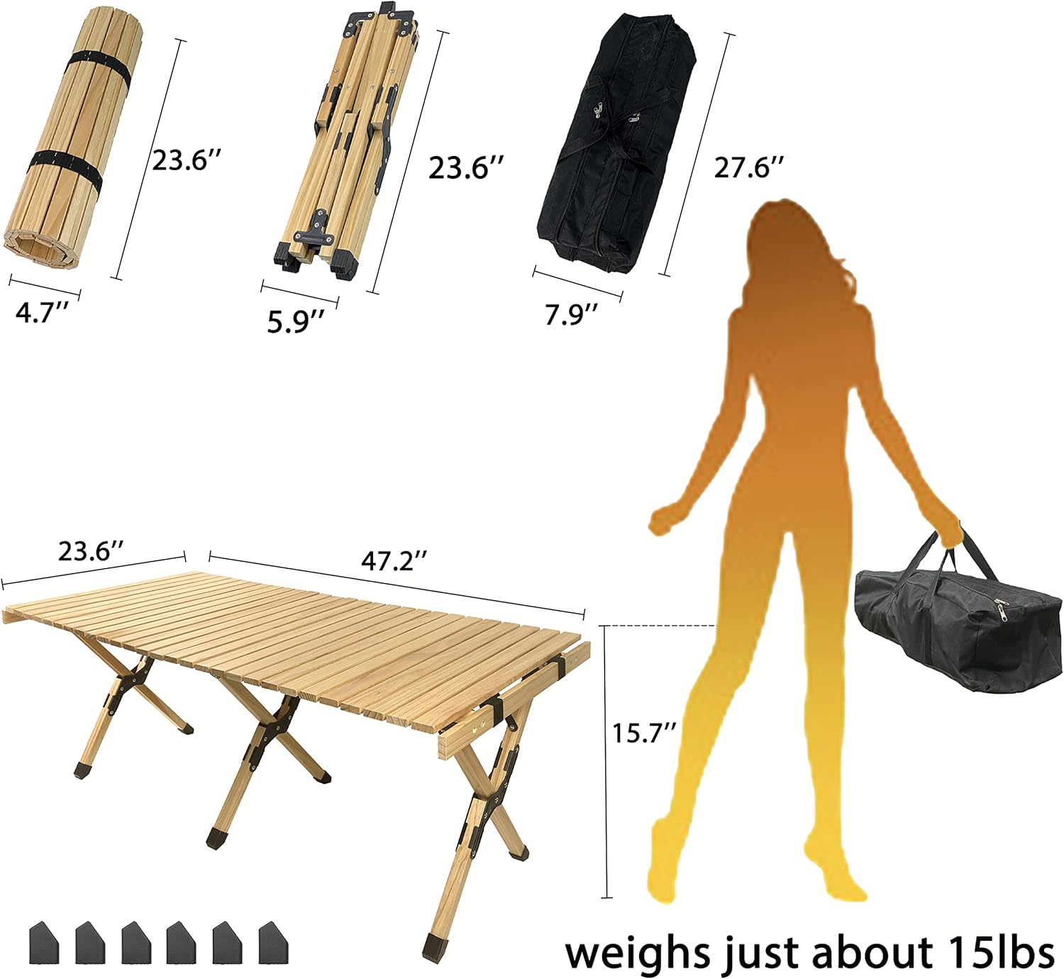 Go-Trio 4ft Low Portable Picnic Table, Boho Picnic Table with Carry Bag, Wooden Picnic Table Foldable