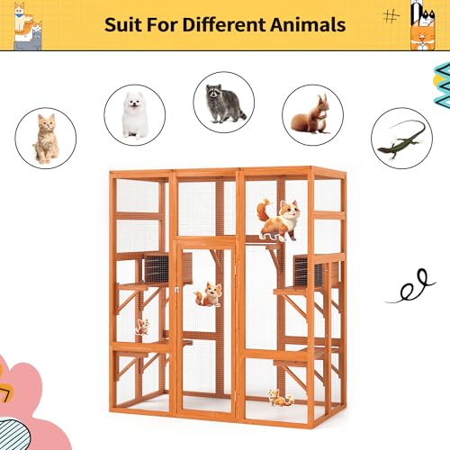 COZIWOW 70Inches Large Stable Spacious Wooden Catio Outdoor Cat Enclosure with Perches and Condos, Cat Cage Indoor with Waterproof Roof