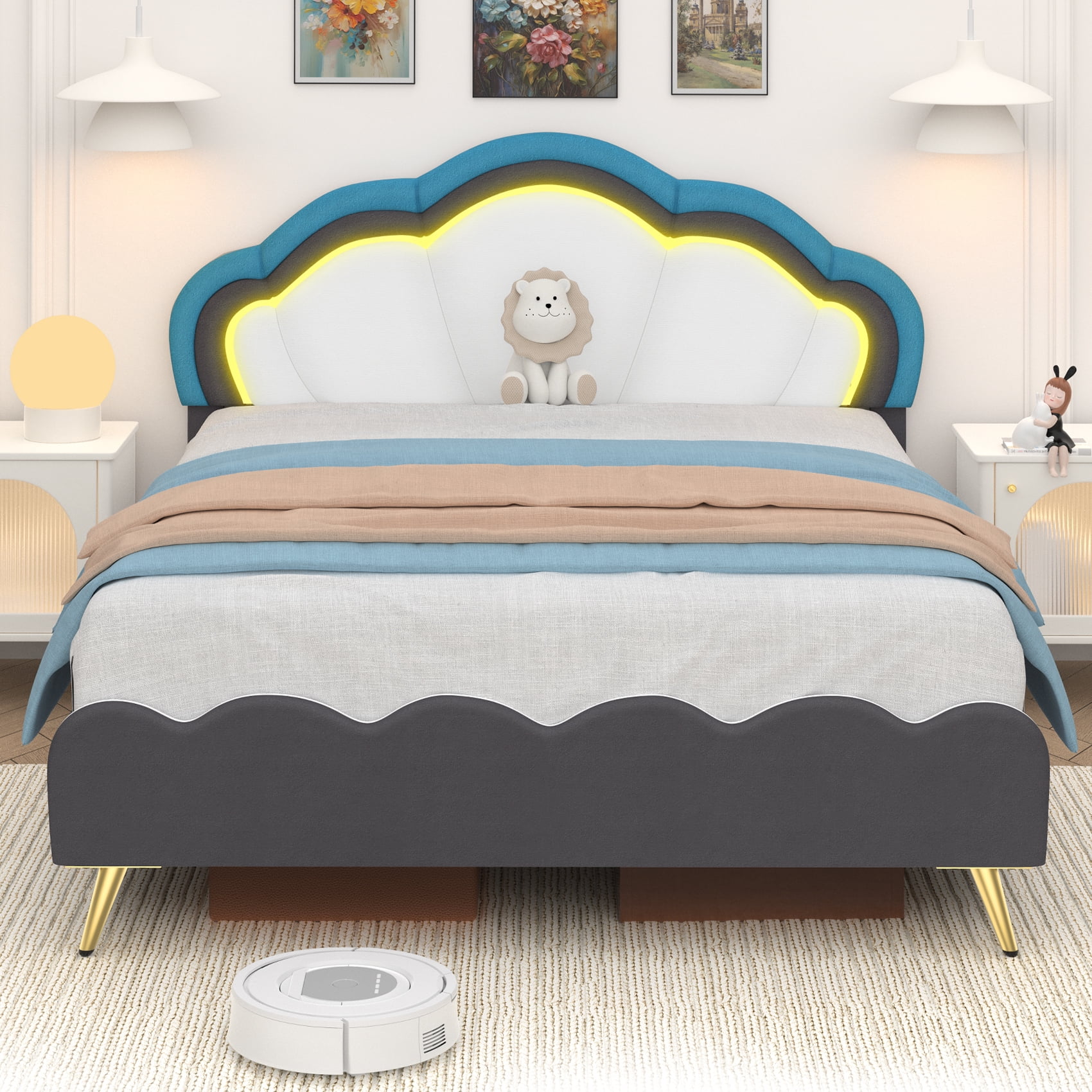 Winkalon LED Bed Frame,Twin Size Bed for Kids Girls,Velvet Upholstered Platform Bed with Adjustable Headboard,White
