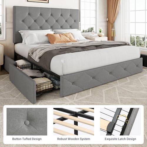 Allewie Upholstered Queen Size Platform Bed Frame with 4 Storage Drawers and Headboard, Square Stitched Button Tufted