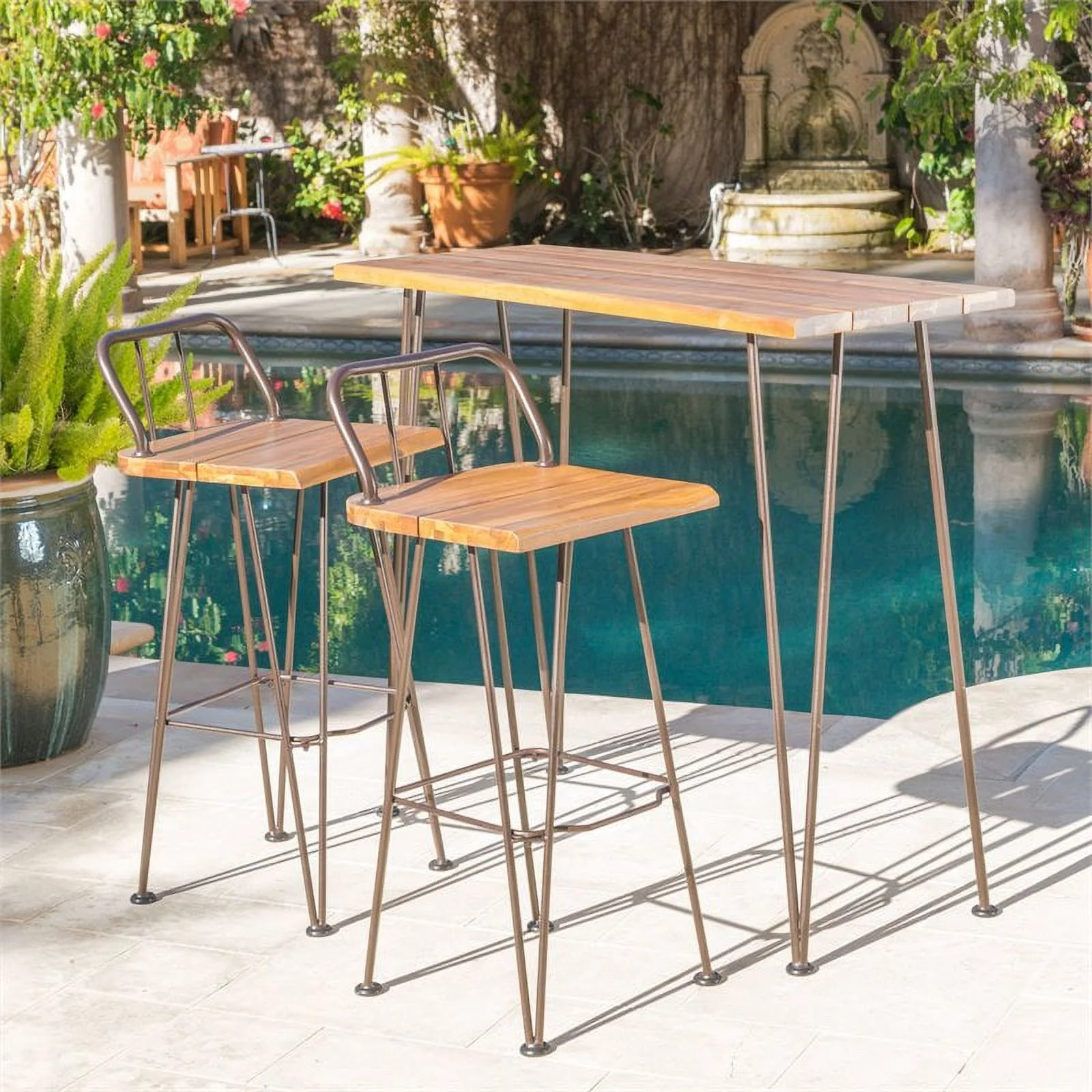 Noble House Denali Outdoor Teaked Acacia Wood Bar Set with Metal Iron Frame