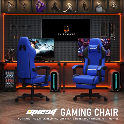 Gaming Chair, Computer Office Chair with Footrest, Linkage Armrests and Lumbar Support, High Back Ergonomic Gamer Chairs for Adults, Blue Fabric