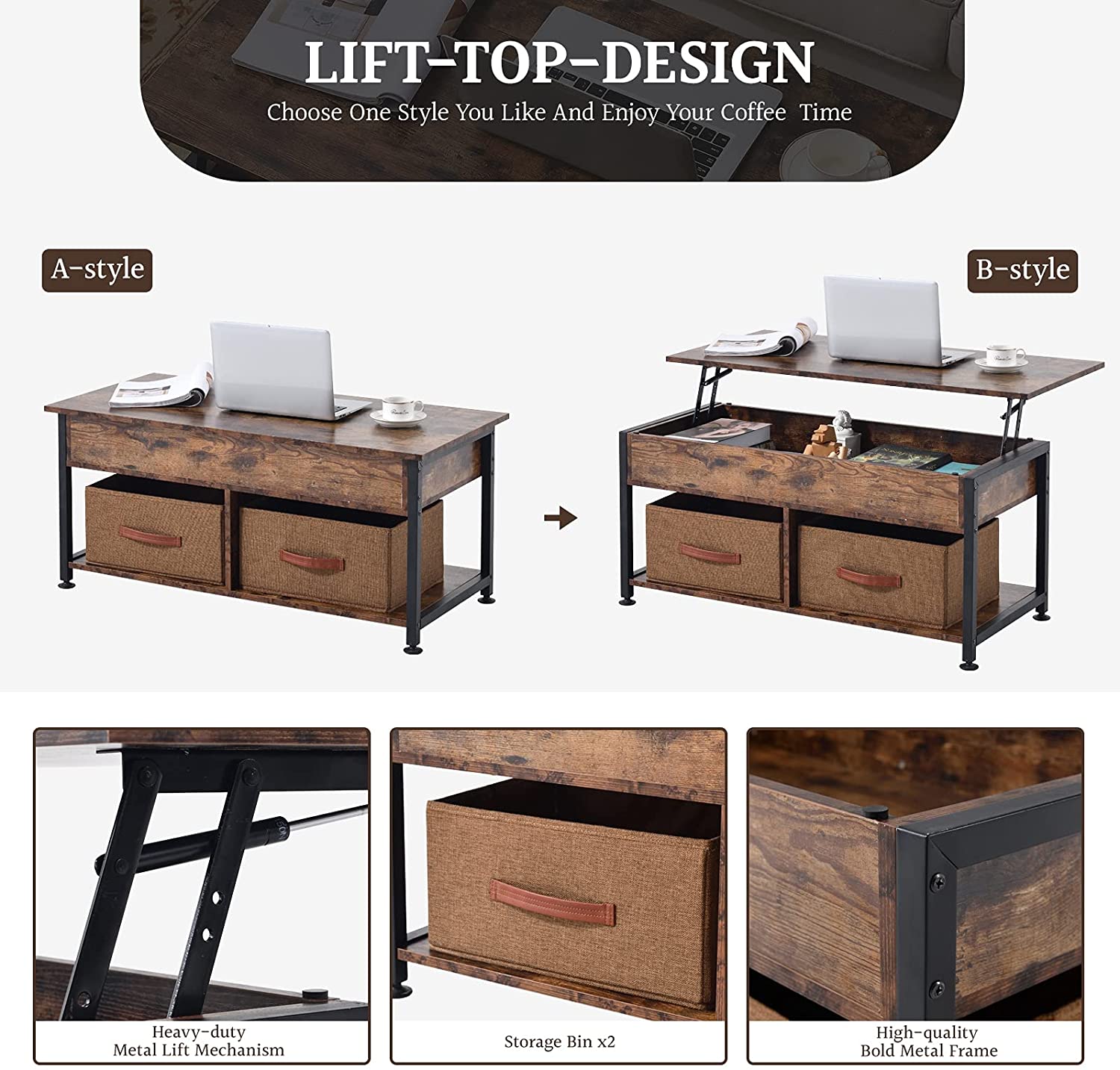 Lift Top Coffee Table, Coffee Table with 2 Storage Boxes & Hidden Compartment, Center Table for Living Room, with Storage Shelf and Metal Frame