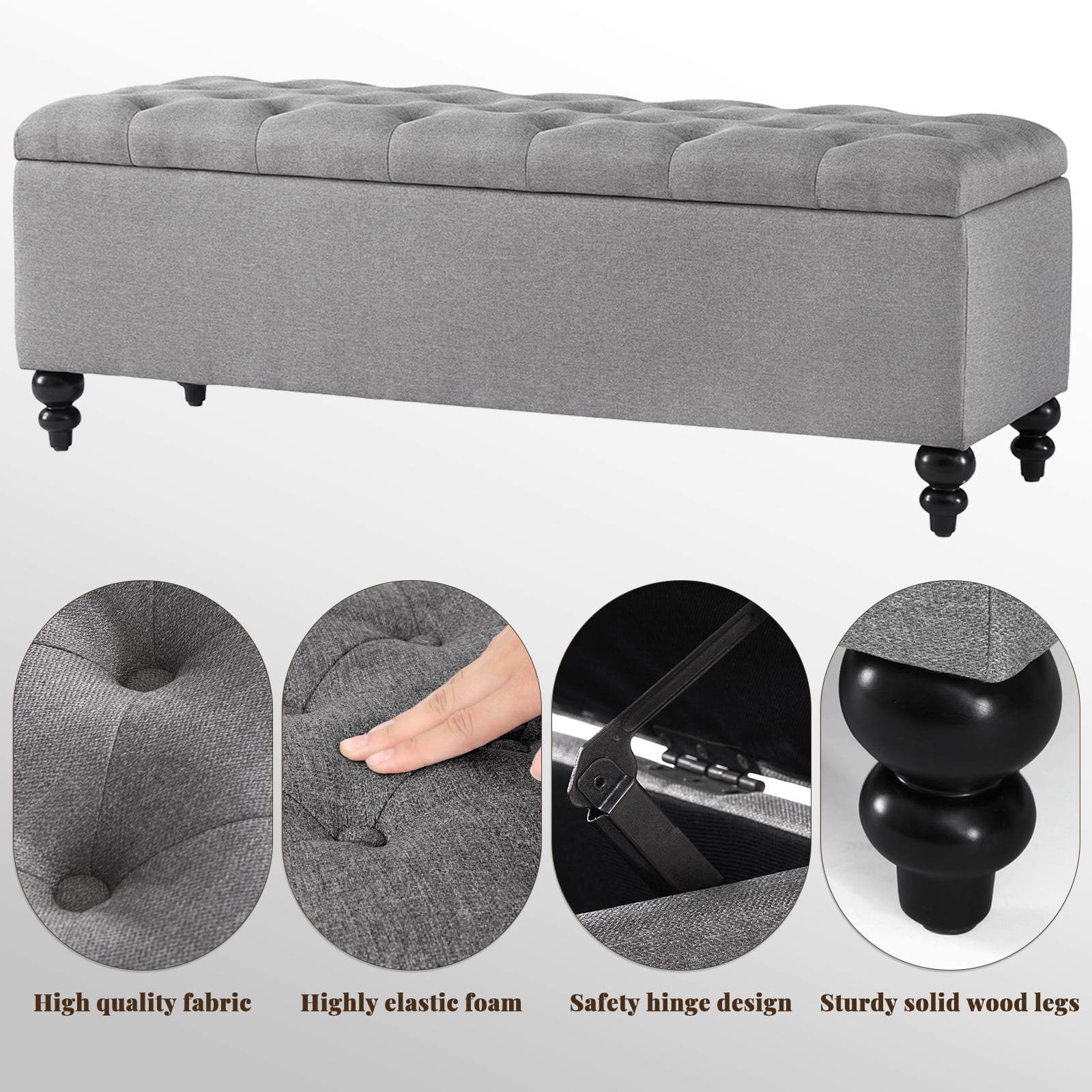 Ottoman with Storage 50.2 Inches Upholstered Fabric Storage Ottoman Bench，Button Tufted Ottoman with Storage for Living Room，Bedroom End of Bed Bench