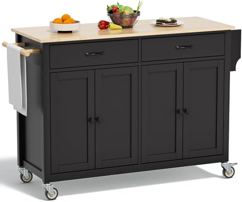 Rovibek Kitchen Island with Drawers 53 in Rolling Island Cart Mobile Solid Wood Portable Islands on Wheels with Storage Cabinet & Drawers, White