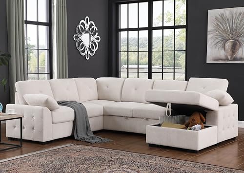 L-Shaped Pull Out Sleep Sofabed,Modern Reversible Sleeper Sectional Sofa Chenille Upholstered Button Tufted Decor with Storage Chaise