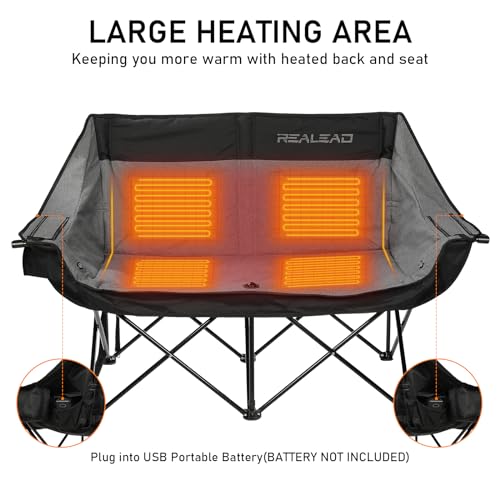 REALEAD Heated Double Camping Chair, 3 Heat Levels and 4 Heating Zones, Portable Heated Loveseat Chair for Outdoor Sports Support 650lbs