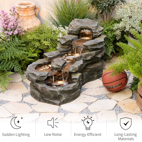 37" L Garden Outdoor Water Fountain, Floor Standing 5-Tiers Rock Natural Waterfall Outdoor Fountains with LED Lights for Patio, Porch, Home Art Decor