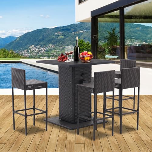 Patio Bar Set 5-Piece Outdoor Wicker Bar Set, Wicker Bar Table with Built-in Bottle Opener
