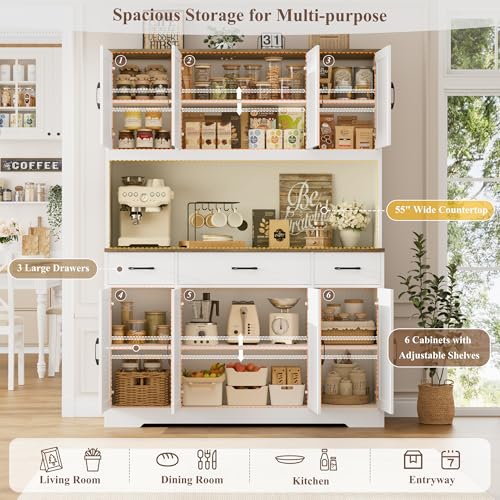 HOSTACK 71" Tall Kitchen Pantry Storage Cabinet with Charging Station, 55" Wide Kitchen Hutch Cabinet with Large Countertop