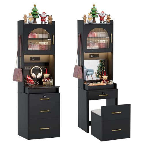 NUNU LAB 42 Inchs Large Vanity Desk with Mirror and Lights with 6 Drawers and 4 Cabinets, Big Women Makeup Table with Power Outlet