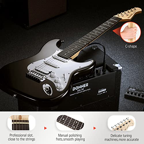 Donner DST-100B 39 Inch Electric Guitar Beginner Kit Solid Body Full Size Black HSS for Starter, with Amplifier, Bag, Digital Tuner, Capo, Strap