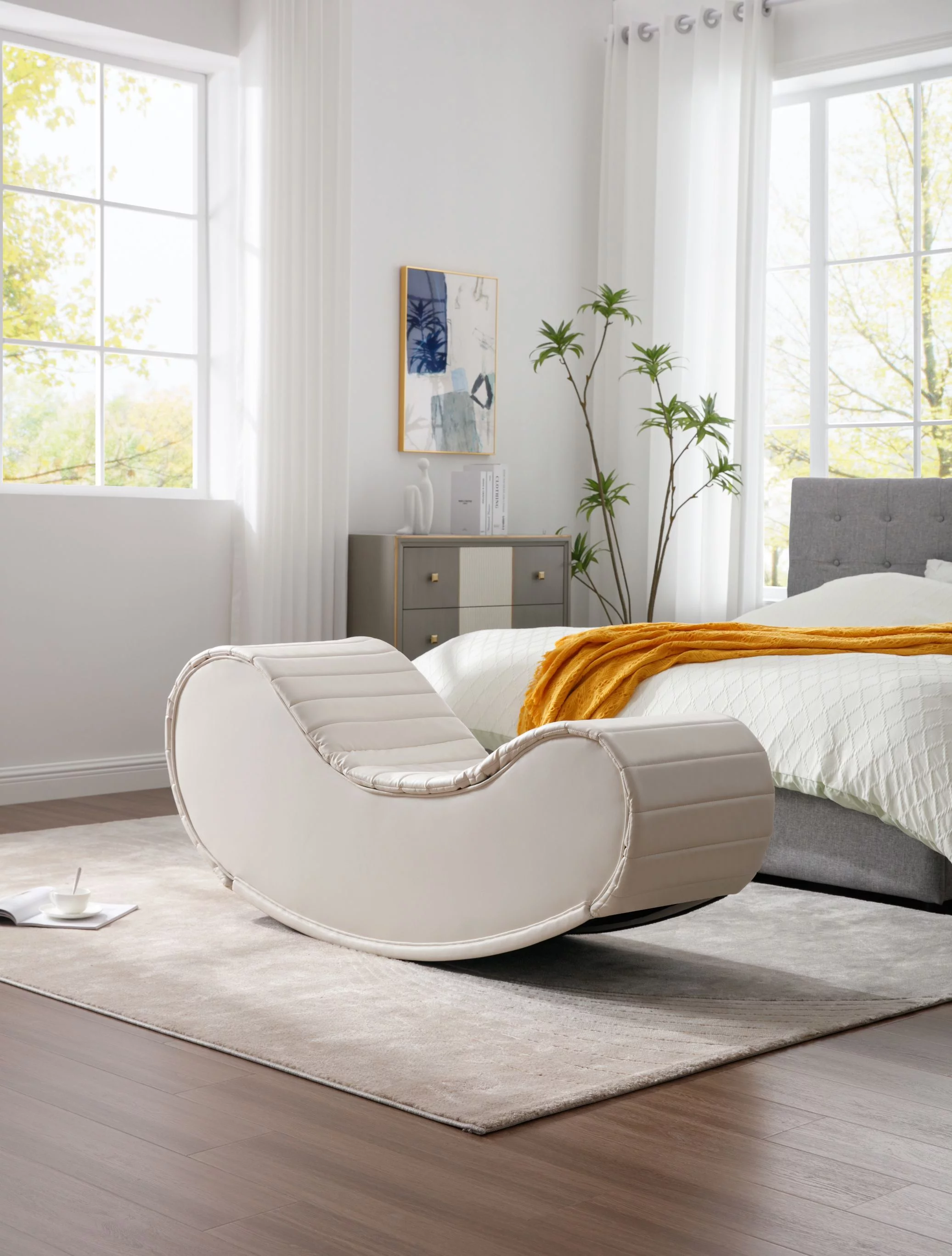 CoSoTower Rocking Leisure Bench,Relax Yoga Chaise, Modern Faux Leather Curved Sofa, Upholstered Yoga Chaise for Living Room Bed Room