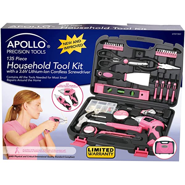 135 Piece Household Tool Kit Pink with Pivoting Dual-Angle 3.6 V Lithium-Ion Cordless Screwdriver - DT0773N1 135-Piece Tool Set Pink