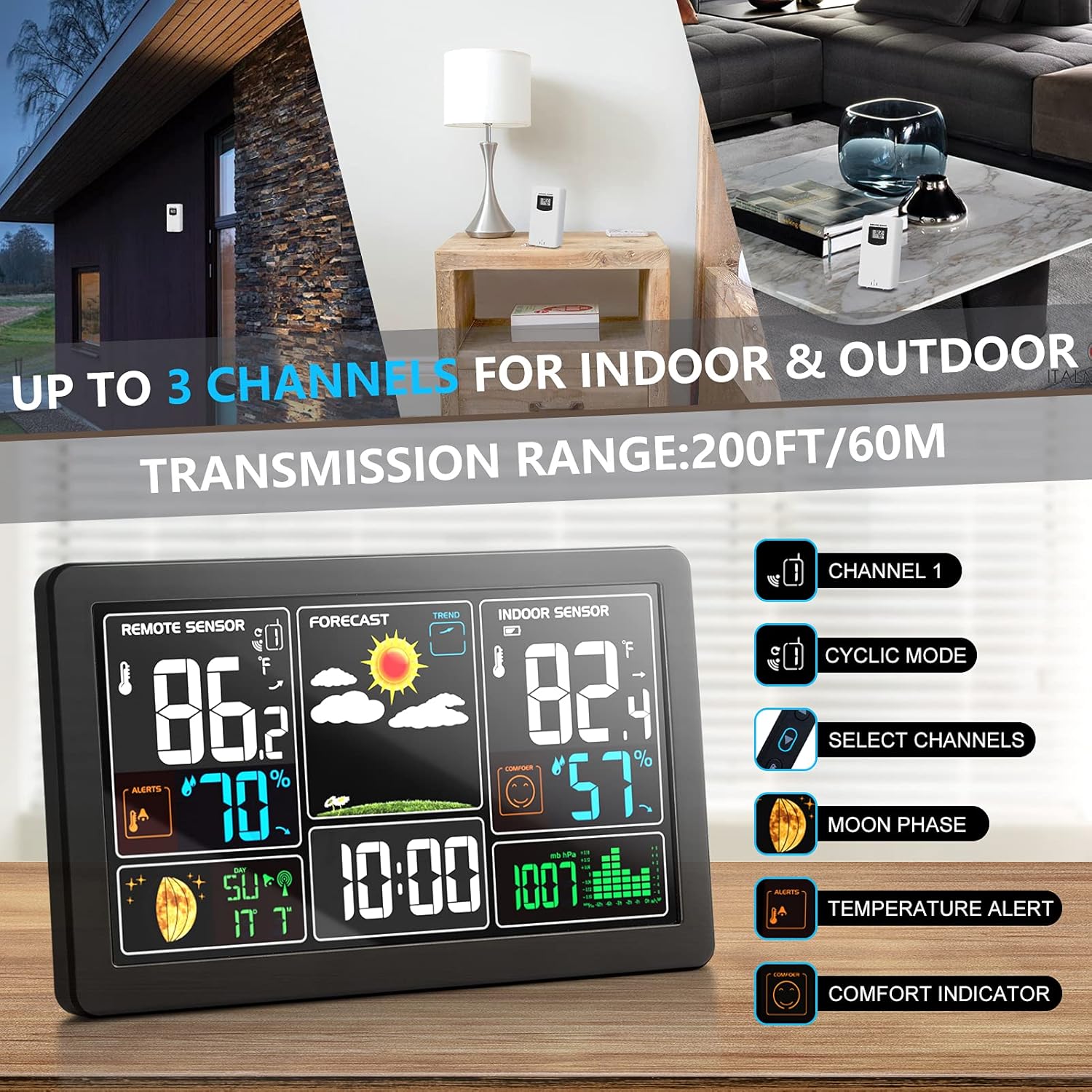 KALEVOL Weather Station Indoor Outdoor Thermometer Wireless Color Display Digital Temperature Humidity Monitor
