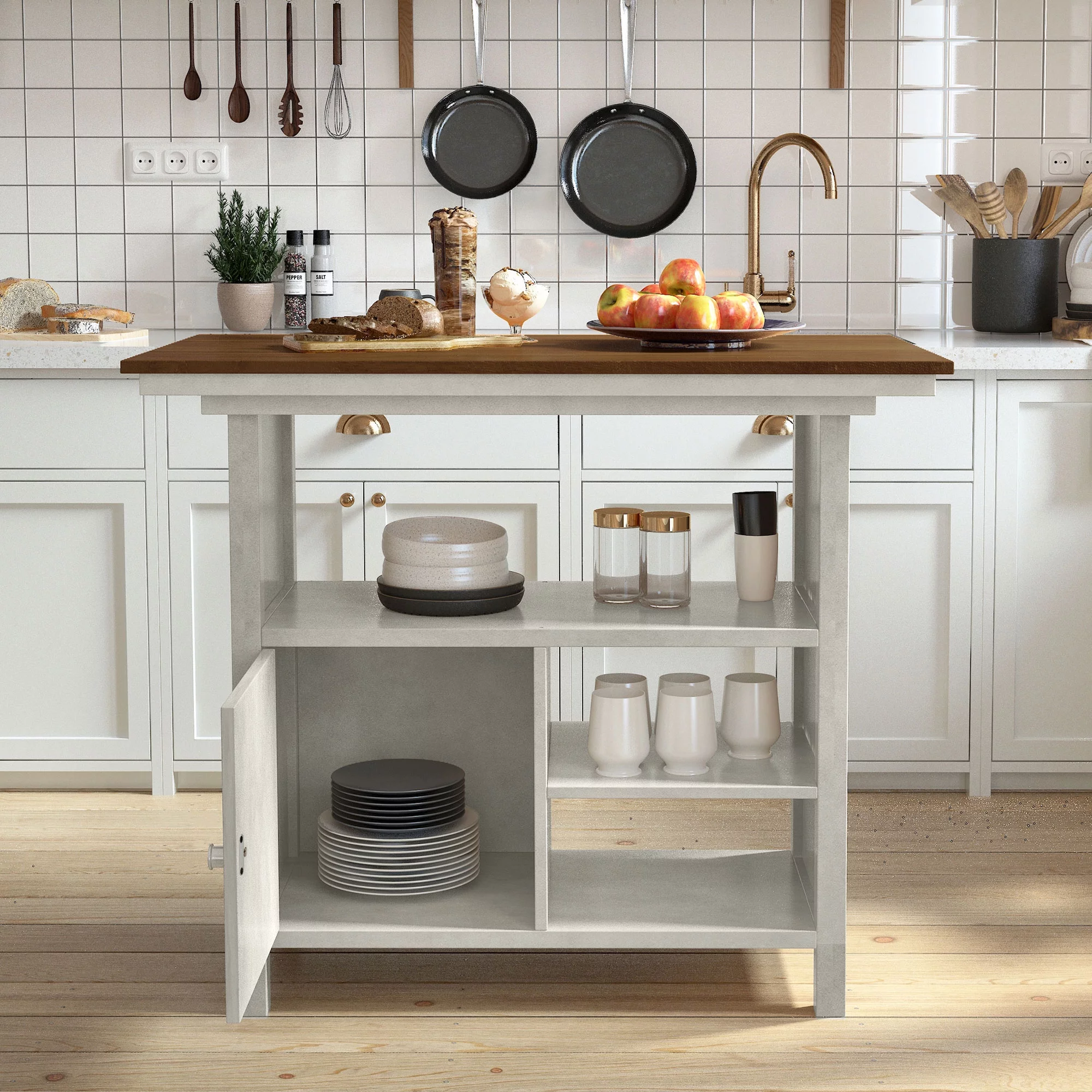 TOPMAX Farmhouse 3-Piece Counter Height Dining Table Set, Wooden Kitchen Table Set with Storage Cabinet and Shelves for Small Places